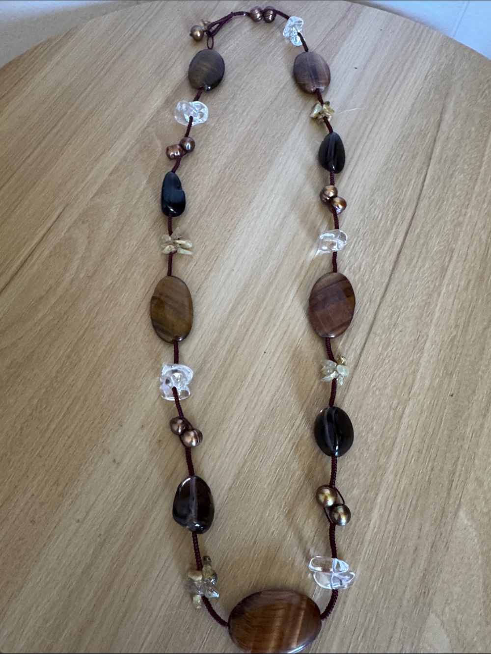 Boho Earth Tone Beaded Necklace - Tiger's Eye, Smoky Glass & Quartz Crystals